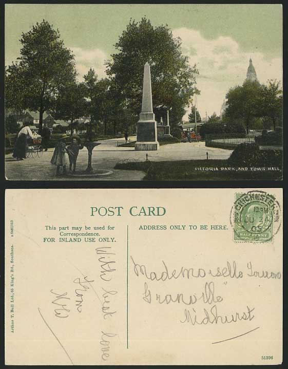 Portsmouth VICTORIA PARK & TOWN HALL Hampshire 1905 Old Colour Postcard Monument