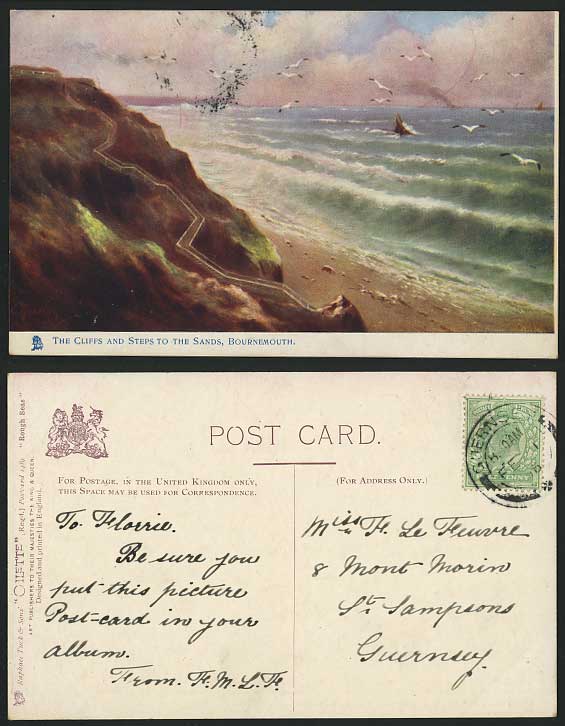 Bournemouth Cliffs Steps Sands 1906 Old Tuck's Oilett Postcard Rough Sea Seaside