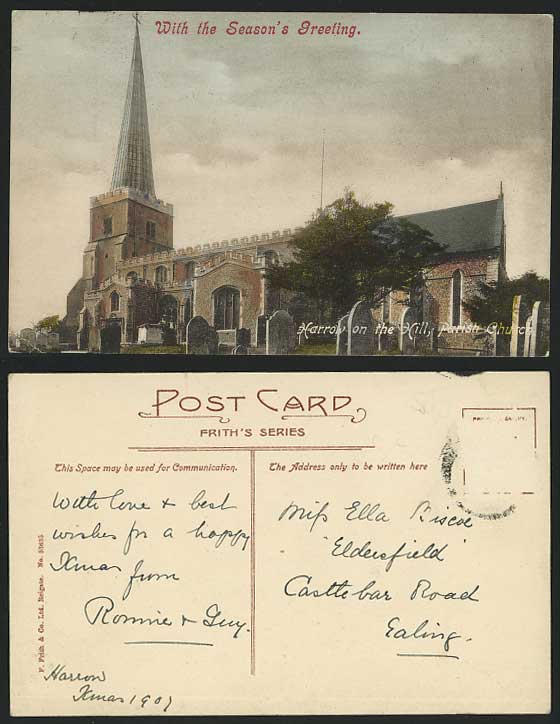 HARROW-ON-THE-HILL, Parish Church, London, Xmas 1907 Old Postcard Frith's Series