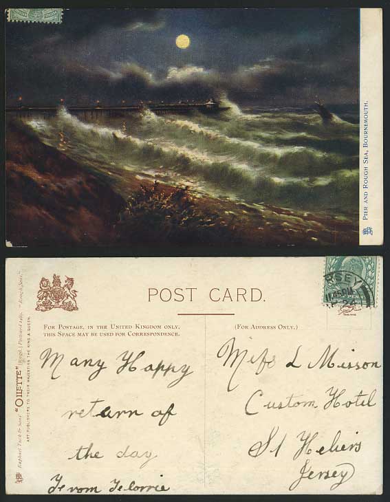 Bournemouth PIER & ROUGH SEA - Moon Old Tuck's Postcard