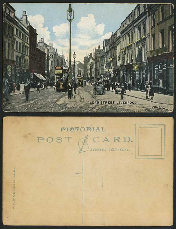 Liverpool LORD STREET Scene Old Colour Postcard Shops Car TRAM Tramway Shops Car
