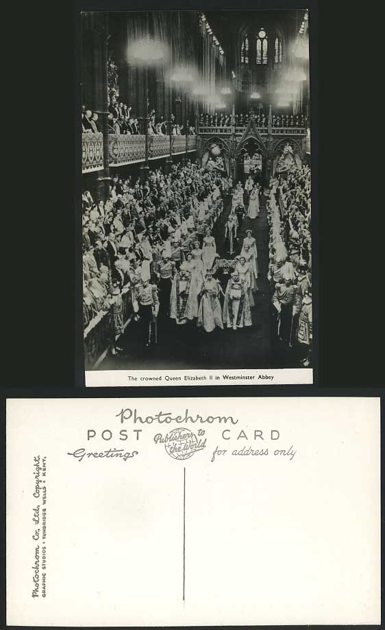 Crowned Queen Elizabeth, Westminster Abbey Old Postcard