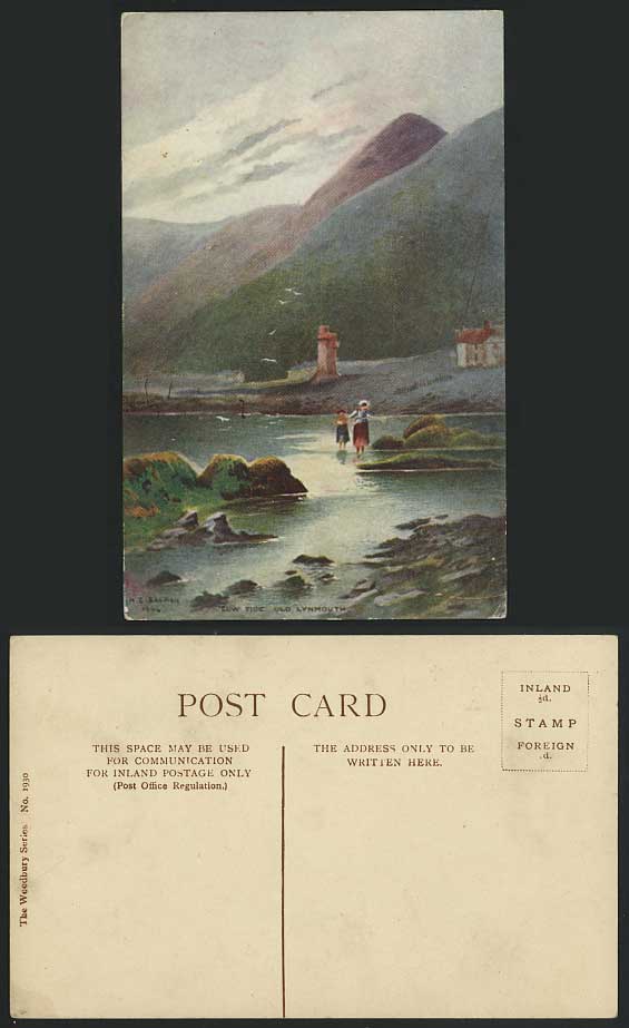 Old Lynmouth - Low Tide, Artist Signed Vintage Postcard