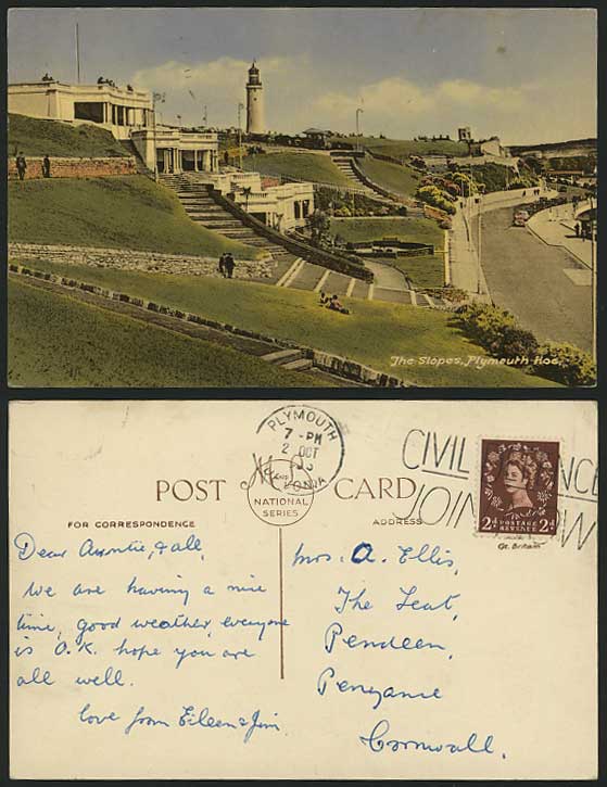 Devon PLYMOUTH HOE Old Postcard The Slopes & LIGHTHOUSE