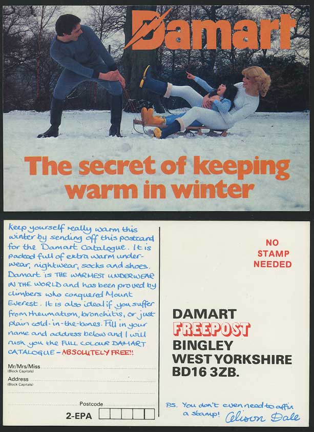 Damart Keep Warm in Winter Advert. Postcard Bobsledding