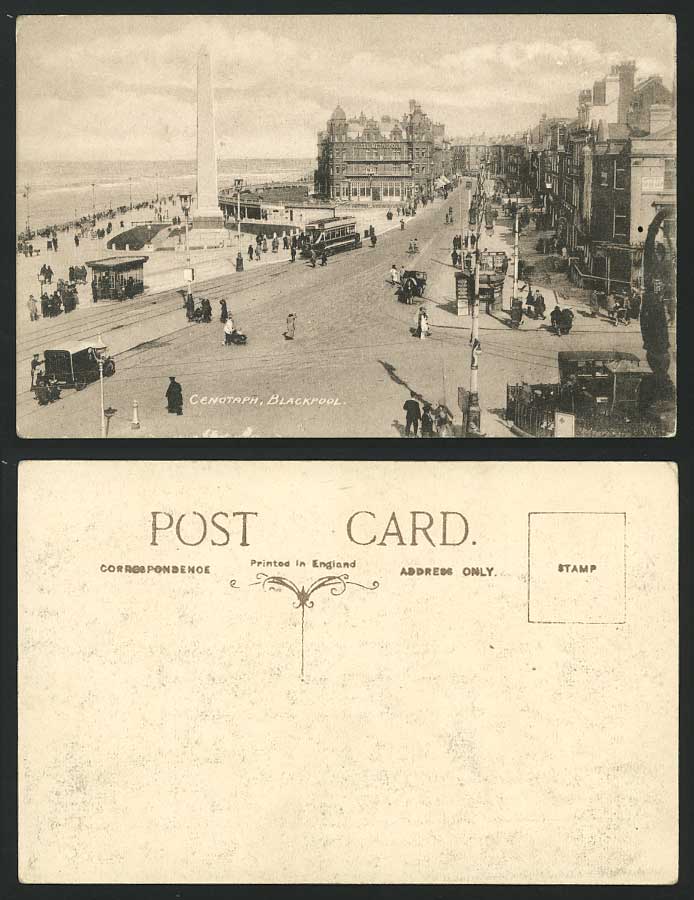 Blackpool CENOTAPH, TRAM & Hotel Metropole Old Postcard