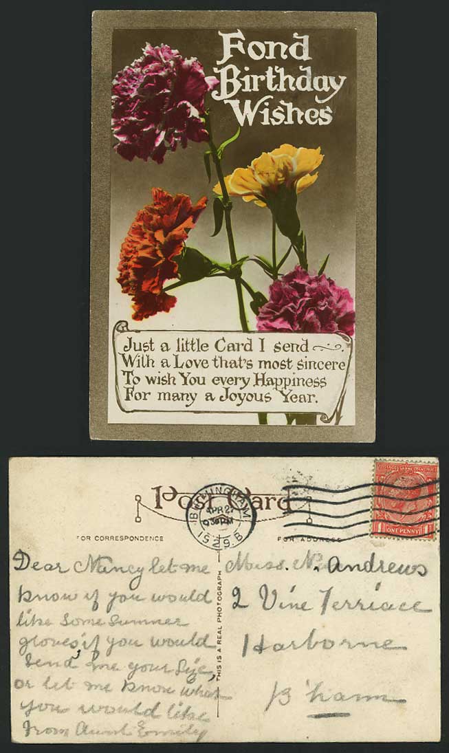 Carnation Flower Fond Birthday Wishes 1929 Old Postcard