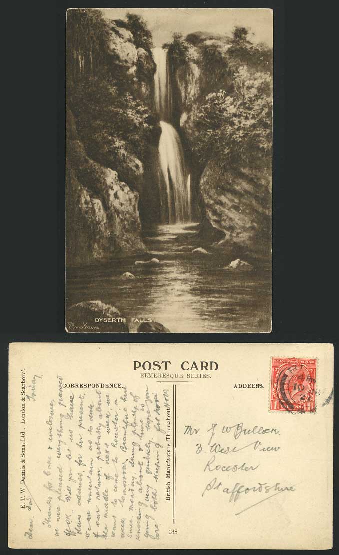 Elmer Keene Artist Signed 1927 Old Postcard Dyserth Falls Waterfalls Rocks Wales