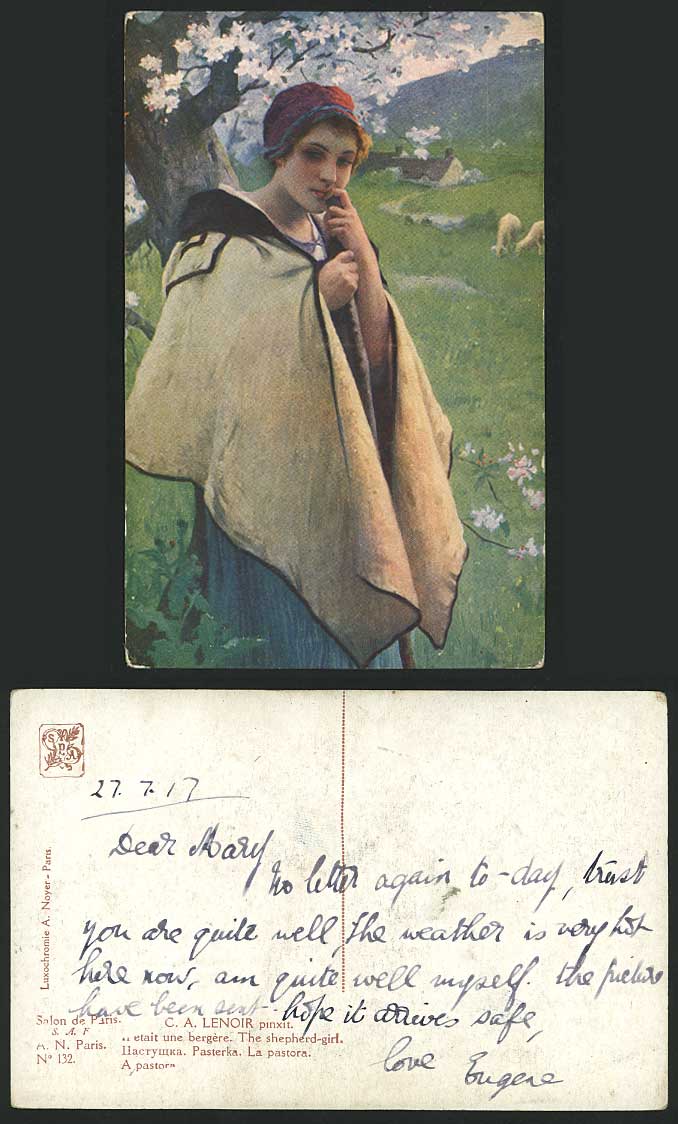 CA Lenoir pinxit Shepherd Girl, SHEEP 1917 Old Postcard