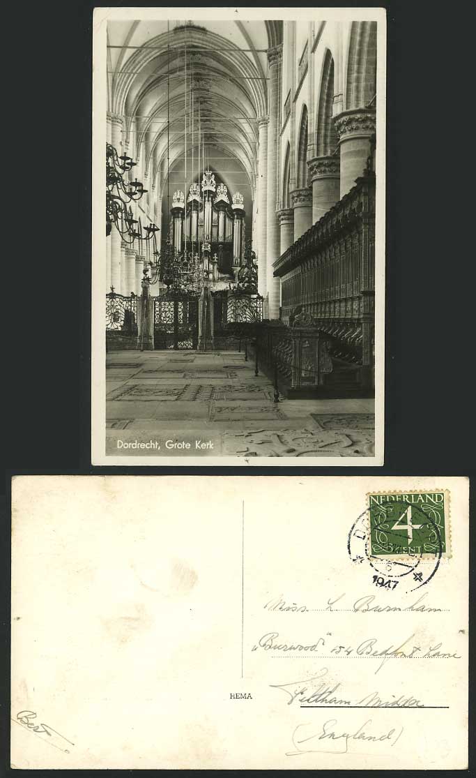 DORDRECHT 1947 Old R.P. Postcard Grote Kerk PIPE ORGANS