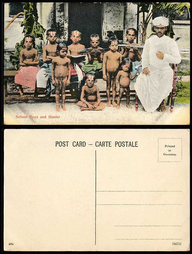 India Old Colour Postcard Native School Boys and Master Teacher Children Pupils
