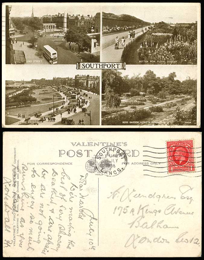 Southport 1936 Old Postcard Lord Street Scene Promenade Rose Garden Hesketh Park