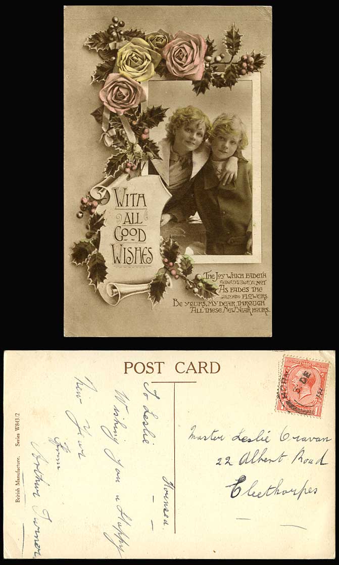 2 Little Girls, Roses Flowers, With All Good Wishes, Greetings 1918 Old Postcard