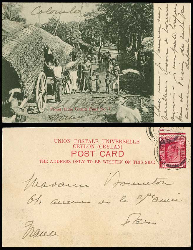 Ceylon 1904 Old UB Postcard Flood Time Grand Pass Flooded Street Scene Cart Boys