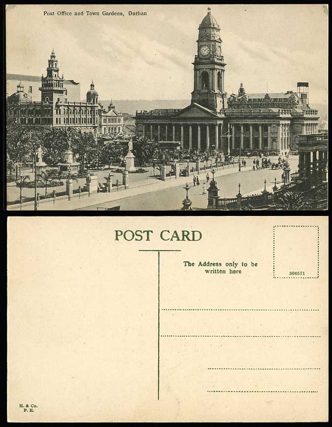 South Africa Durban Old Postcard Post Office Town Gardens TRAM Street Scene Cart