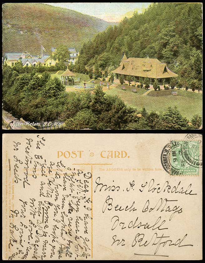 Isle of Man 1907 Old Color Postcard GLEN HELEN GROUNDS Fountain Gazebo Bandstand