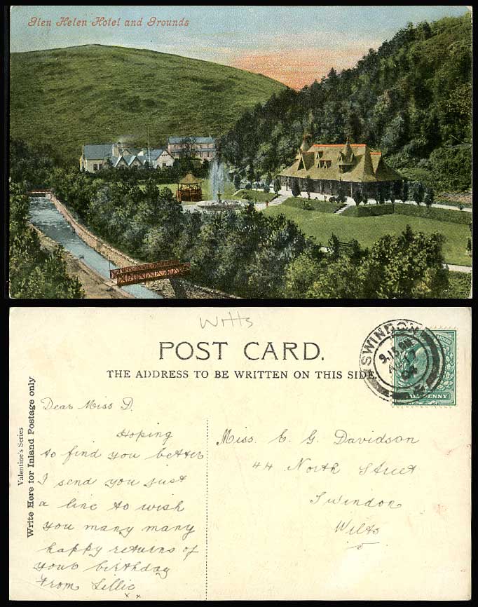 Isle of Man 1904 Old Postcard GLEN HELEN HOTEL and GROUNDS Bridge River Fountain