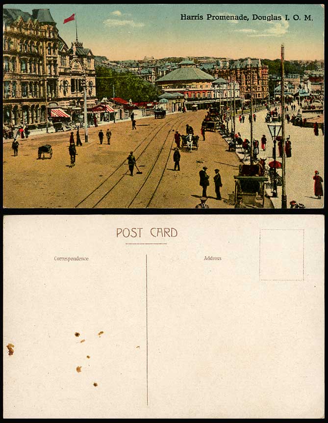 Isle of Man Old Colour Postcard Harris Promenade Street Scene Tramlines Carriage