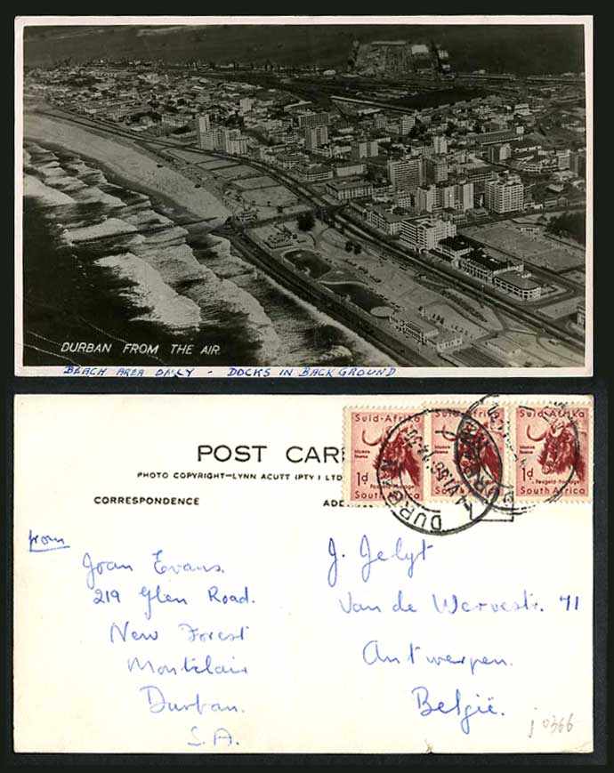 South Africa, Durban from the Air Aerial View 1930 Old R.P. Postcard Ocean Beach