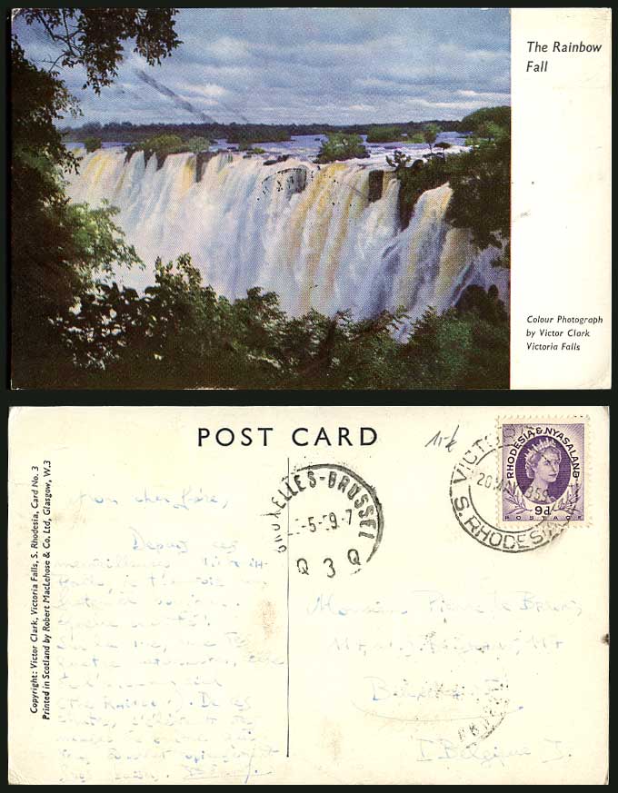 Rhodesia & Nyasaland 9d 1959 Old Colour Postcard THE RAINBOW FALL Victoria Falls