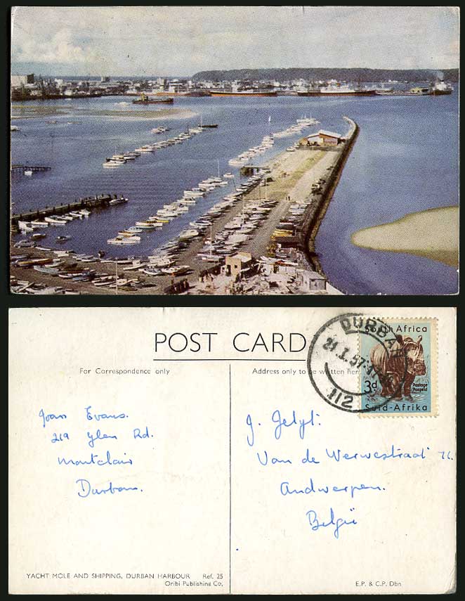 South Africa Rhino 3d 1957 Old Postcard Yacht Mole Shipping Durban Harbour Boats