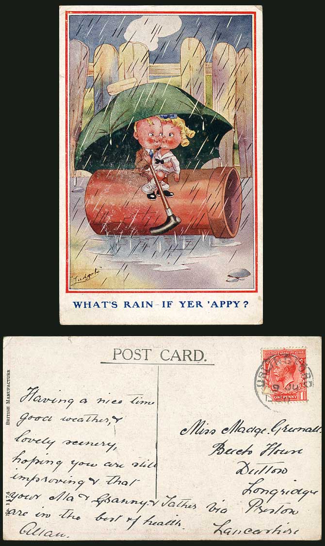 Ludgate Artist Signed 1920 Old Postcard Whats Rain If Yer appy Boy Girl Umbrella