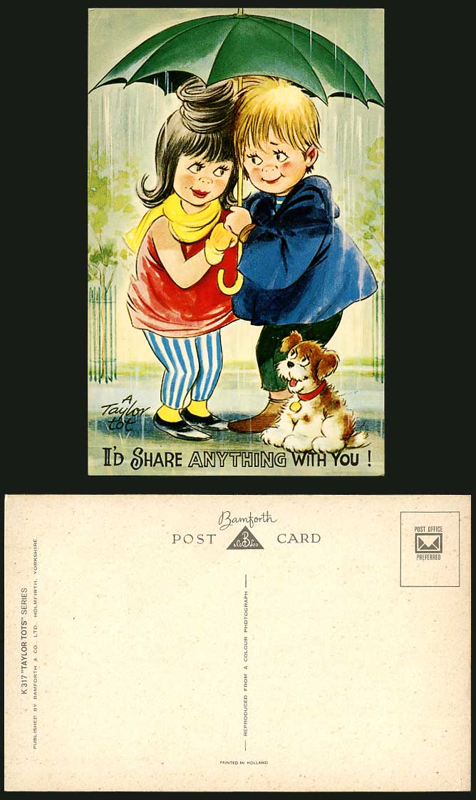 A Taylor Tot Old Postcard I'd Share Anything With You Umbrella Dog Puppy Romance