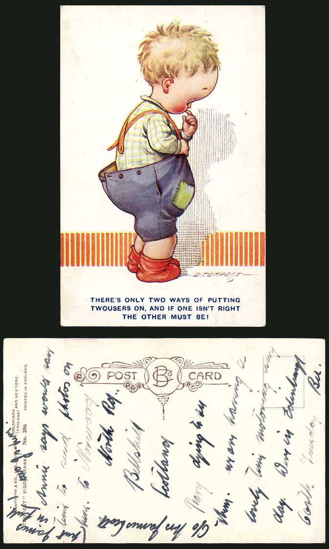 D. Tempest Old Postcard Boy wearing Big Trousers Only 2 Ways Putting Twousers on