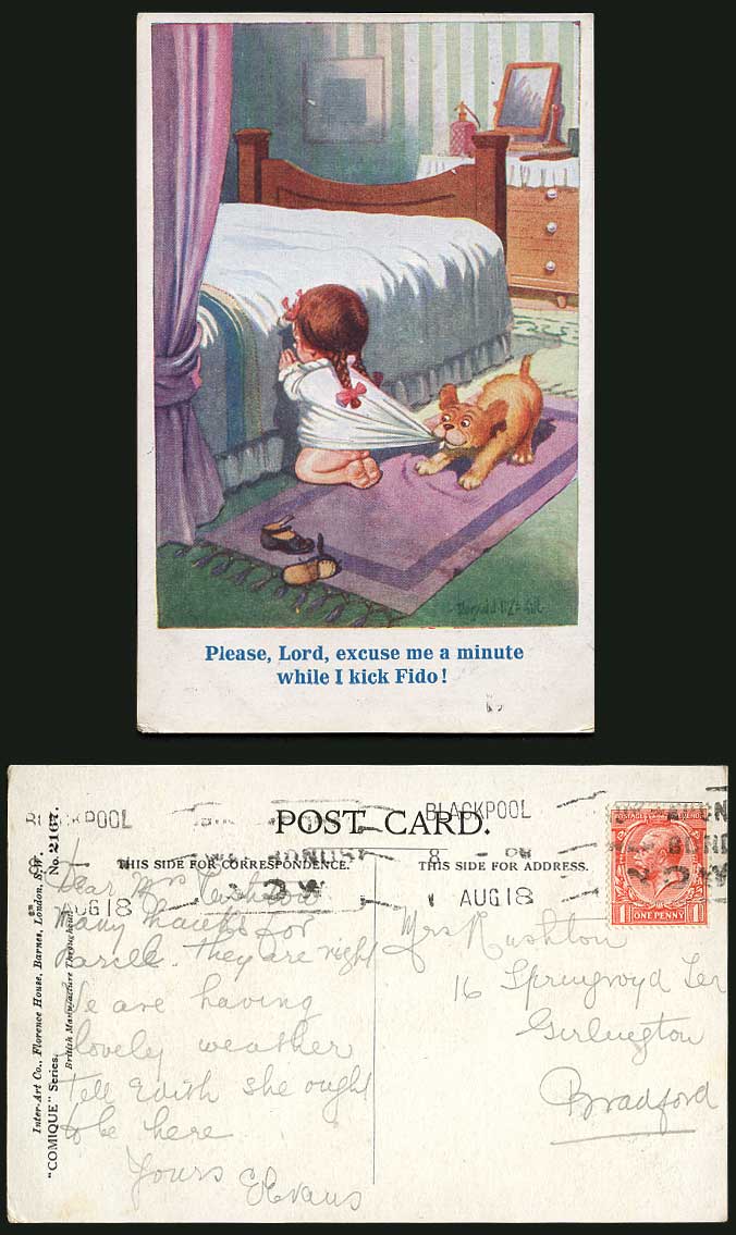 Donald McGill Signed 1918 Old Postcard DOG Little Girl Prayer Dog Puppy Rug 2167