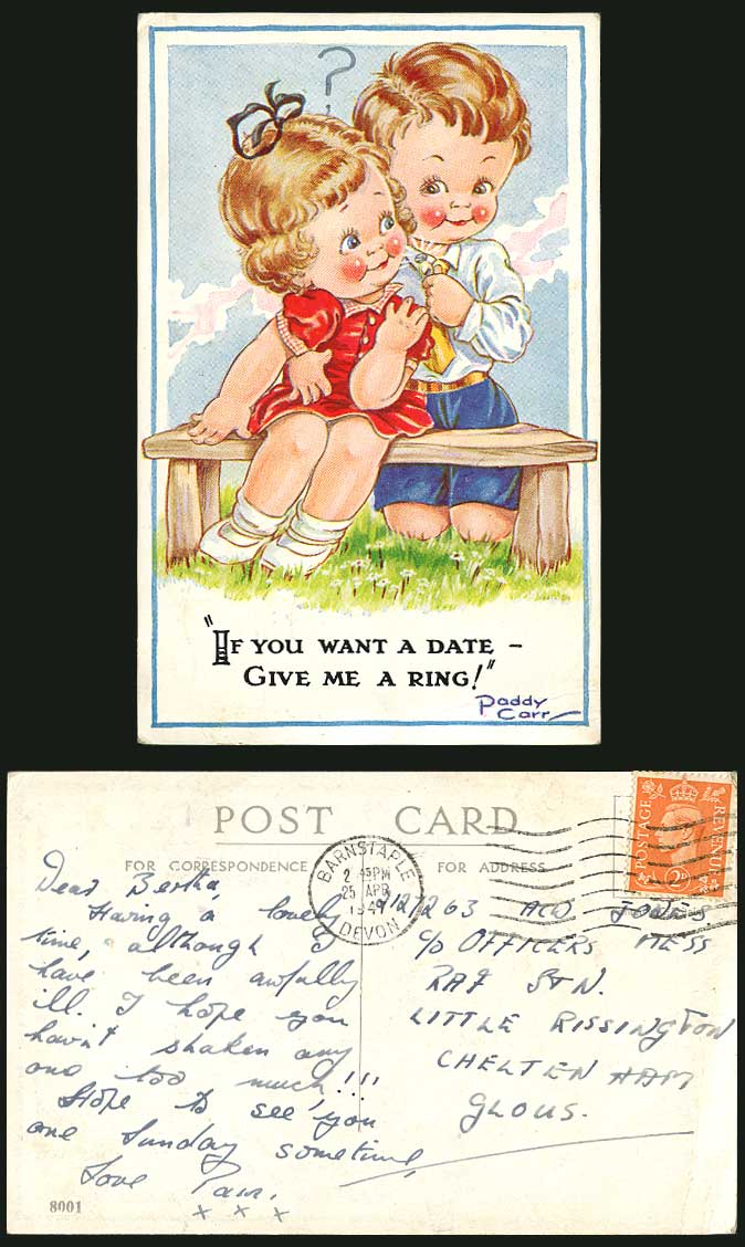 Paddy Carr Artist Signed 1947 Old Postcard If You Want a Date - Give Me a Ring!