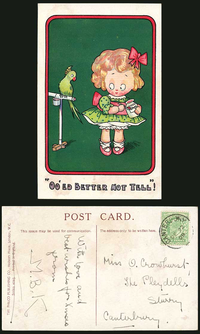 Girl feed Jam to Bird Parakeet Parrot Budgie, Better Not Tell! 1909 Old Postcard