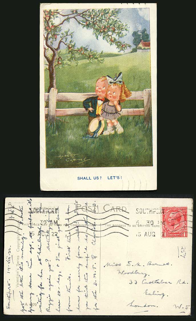Albert Carnell Artist Signed 1922 Old Postcard Shall Us Lets Boy Girl Apple Tree