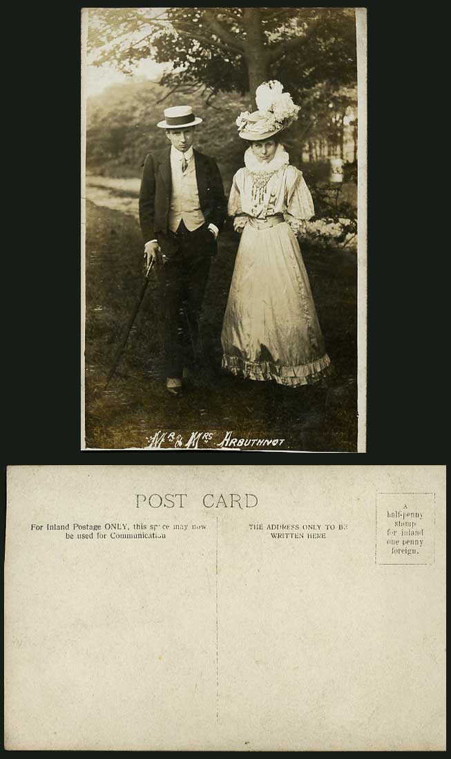 Actor and Actress Mr & Mrs Arbuthnot Old Real Photo Postcard Walking Stick River