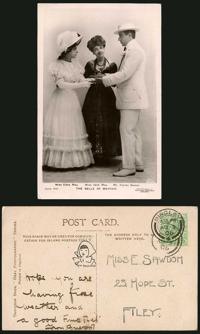 Actress Jane May Edna May Actor Farren Soutar Belle of Mayfair 1906 Old Postcard