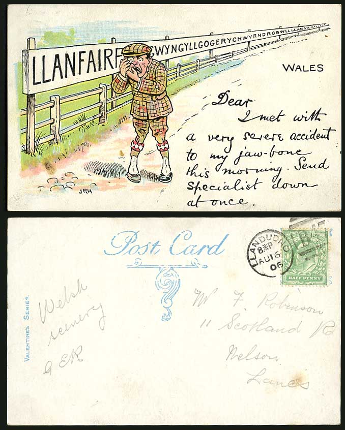Welsh JPH Comic Humour Wales, A Severe Accident to My Jaw-Bone 1906 Old Postcard