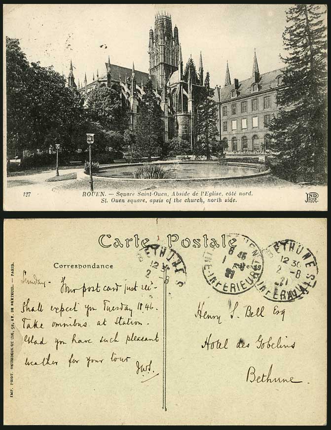 France Rouen 1921 Old Postcard Saint St. Ouen Square. Church North Side Fountain