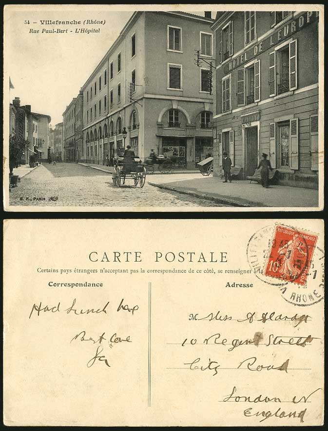 VILLEFRANCHE 1910 Old Postcard Rue Paul-Bert Street, Hospital, Hotel de l'Europe