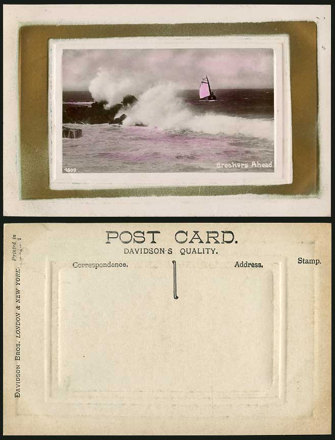 Sailing Boat Vessel Breakers Ahead Rough Sea Storm Rocks Old Real Photo Postcard