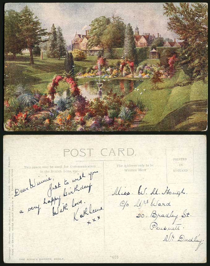 KNOLE House The Monk's Garden Fountain by C. Essenhigh Corke Artist Old Postcard