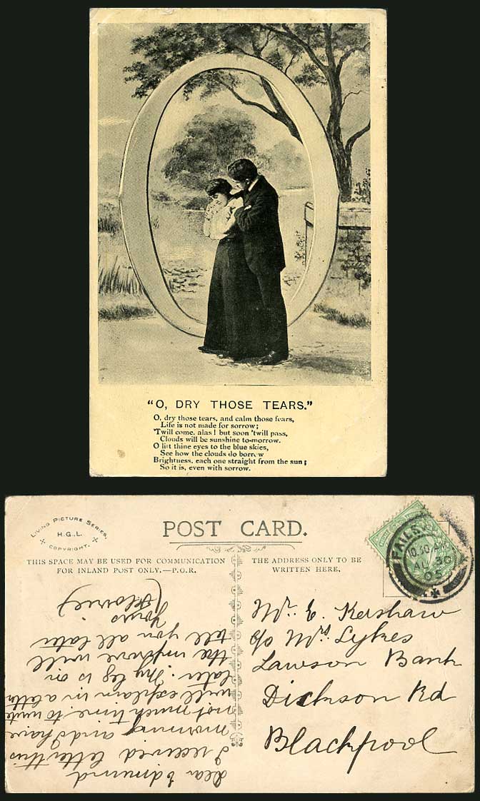 Letter - O, Dry Those Tears Calm Those Fears Man Woman Lady Romance Old Postcard