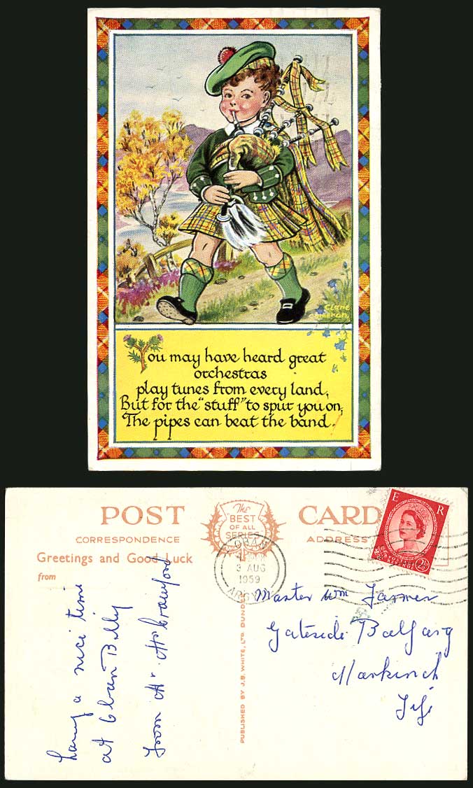 Clare Cameron Artist Signed 1959 Old Postcard Scottish Little Boy with Bagpipes