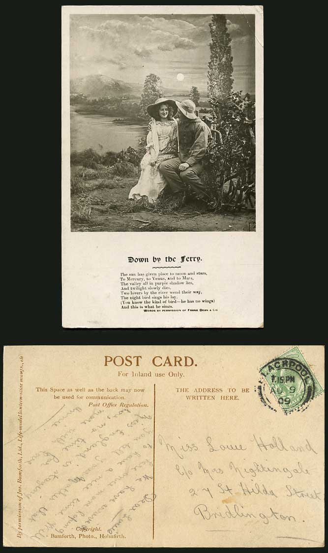 Down by the Ferry River Night Moon Moonlight Man Woman Lady Romance Old Postcard