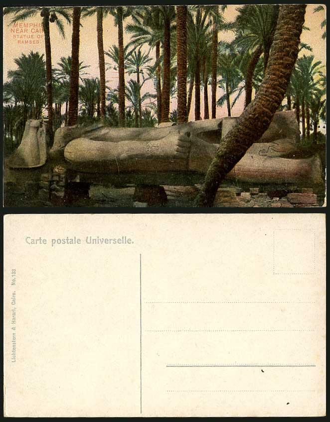Egypt Old Colour Postcard Memphis near Cairo Statue of Ramses Rameses Palm Trees