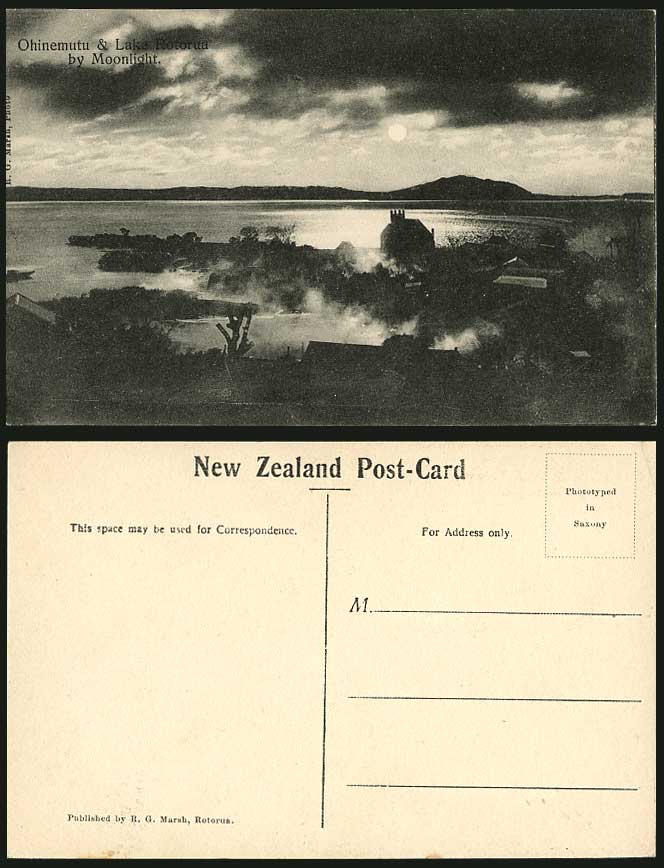 New Zealand Old Postcard Hotel Ohinemutu & Lake Rotorua by Moonlight, Moon Night
