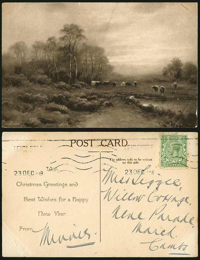 Elmer Keene Artist Signed 1918 Postcard Cattle Cow Lake Pond Pasture Countryside