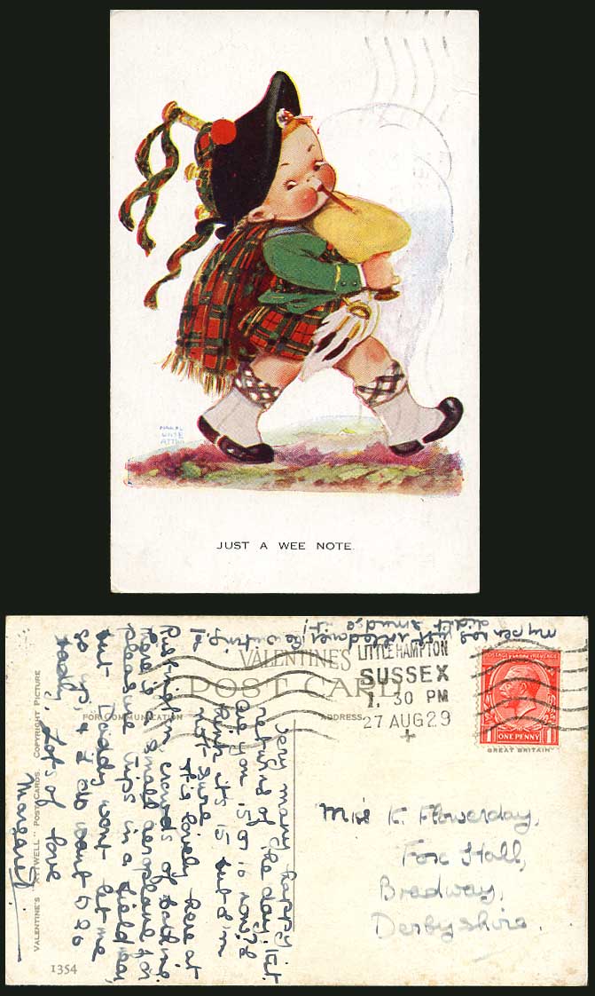 MABEL LUCIE ATTWELL 1929 Old Postcard Just a Wee Note, Scottish Boy Bagpipe 1354