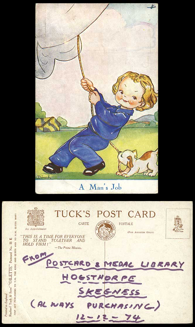 DINAH Artist Signed Old Tuck's Oilette Postcard A Mans Job Parachute Balloon Dog