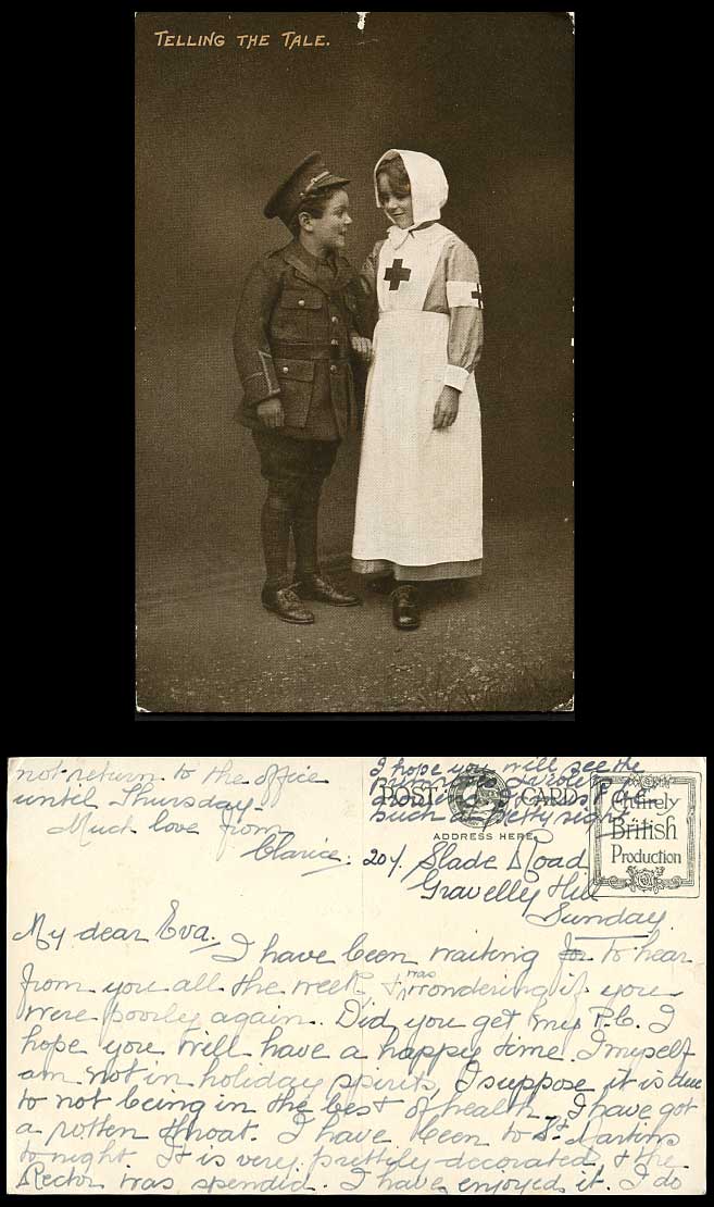 RED CROSS Little Girl Nurse & Boy Soldier Telling The Tale Old Postcard Military