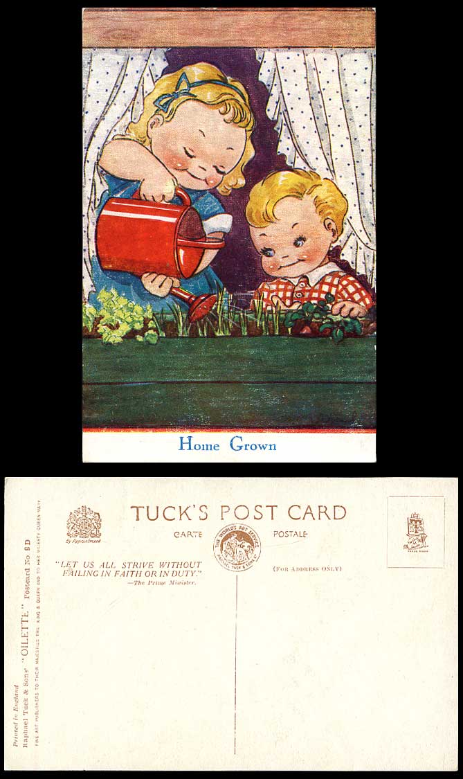 DINAH Artist Signed Old Tuck's Oilette Postcard Home Grown Vegetables Herbs Girl
