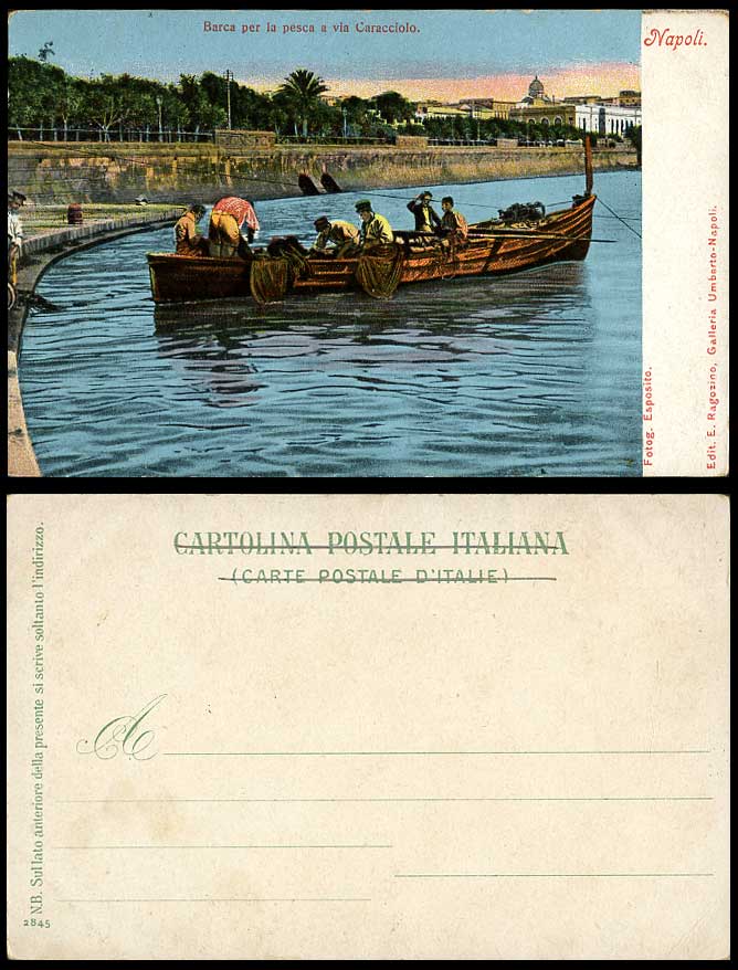 Italy Old U.B. Postcard Napoli Via Caracciolo Naples Fishing Boat Fishermen Nets